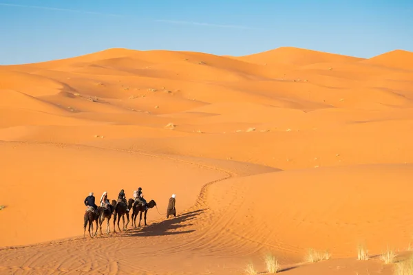 Güneşli bir günde Sahra 'da Erg Chebbi' nin kum tepeleri