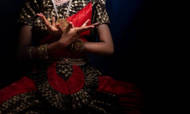 Bir kız tarafından verilen Hint dans formu Bharatnatyam pozu.