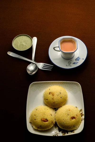Delicious Home Made Rava Idli Chutney Cup Tea Table — Stock Photo, Image