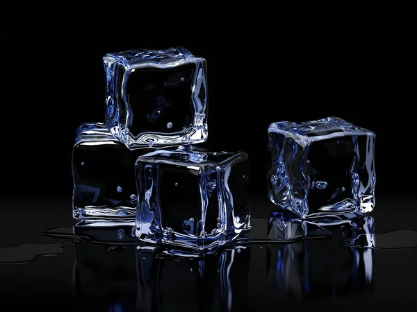 Ice cubes with drops of water on black background. 3D illustration