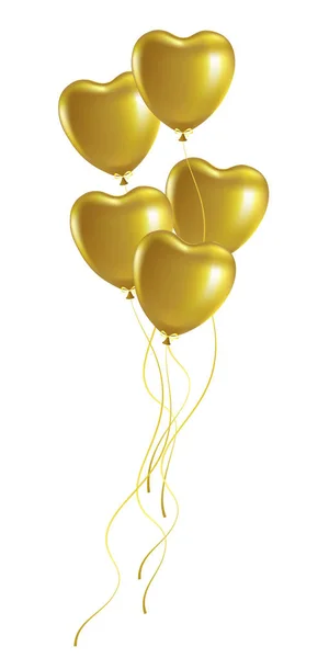 Mucchio Palloncini Festivi Forma Cuore Oro Illustrazione Vettoriale — Vettoriale Stock