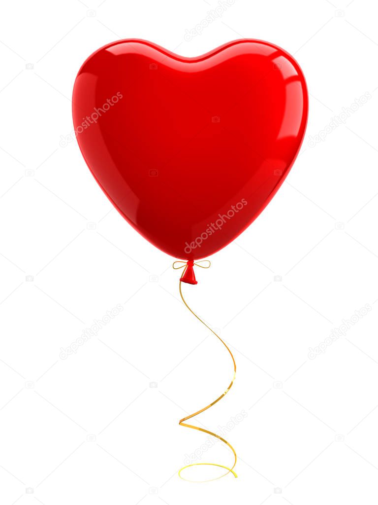 Red balloon heart with gold ribbon. Isolated on white background. 3D illustration