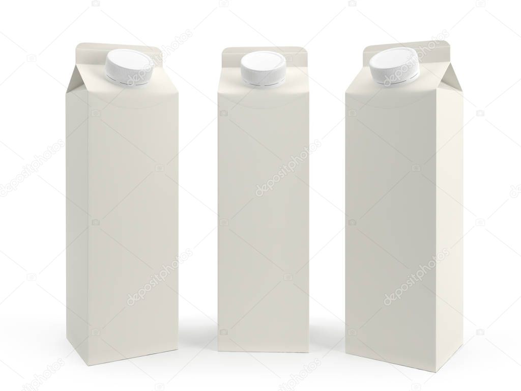 Packaging of milk is three kinds. Isolated on white background. 3D render.