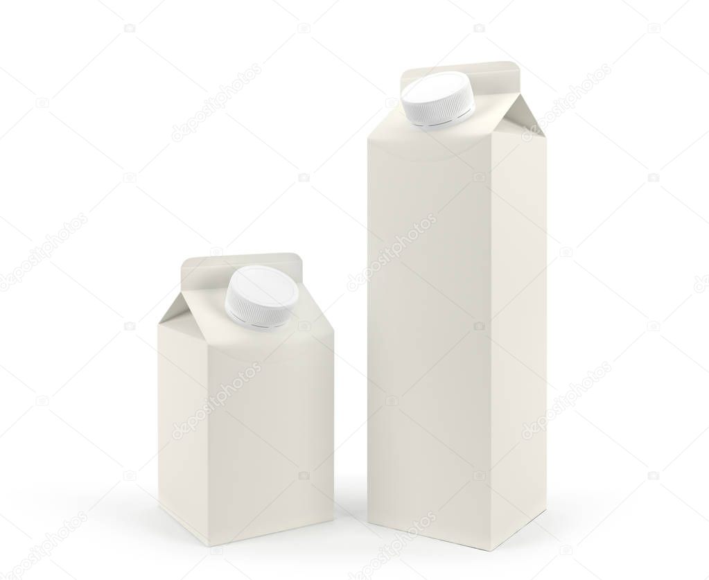 Packaging of milk of different volume. Isolated on white background. 3D illustration.