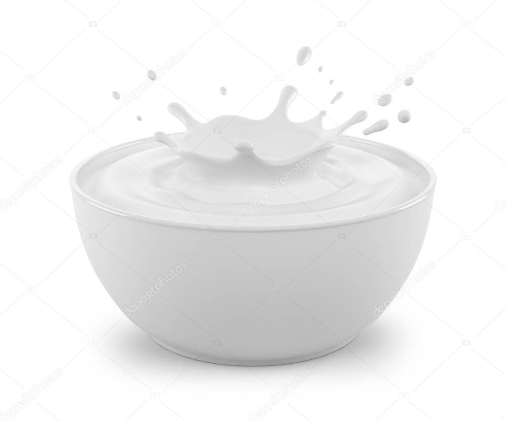 A splash of milk in a white bowl. Isolated on white background. 3D illustration
