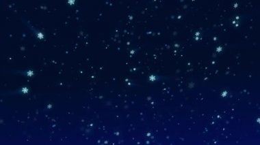 Parlak kar taneleri olan mavi karlı bir arka plan animasyonu. Döngü hareketi