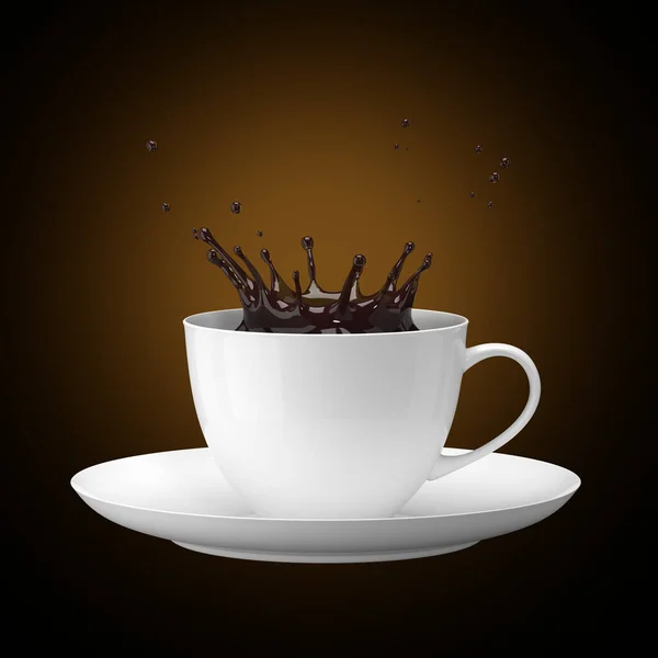 Splash Kaffe Kopp Med Ett Tefat Mörk Bakgrund Illustration — Stockfoto