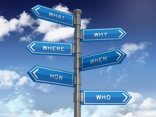 Directional Sign Series: QUESTIONS Concept Words - Blue Sky and Clouds Background - High Quality 3D Rendering
