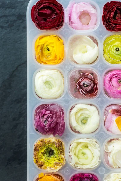 Bakke Med Frosne Ranunculus Blomster Ice Cubes Mørk Baggrund Top - Stock-foto