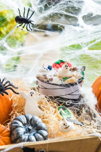 Tabela Zestaw Halloween Obiad Dużą Ilością Słodyczy Dynia Jack Lantern — Zdjęcie stockowe