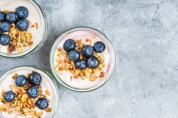 Yapımı Granola Gri Arka Plan Üzerinde Cam Kavanozlara Yaban Mersini — Stok fotoğraf