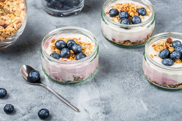 Ev yapımı Granola ve gri arka plan üzerinde cam kavanozlara yaban mersini taze doğal yoğurt kahvaltıdan