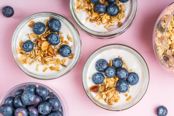 Yapımı Granola Açık Pembe Renkli Cam Kavanozlara Yaban Mersini Taze — Stok fotoğraf