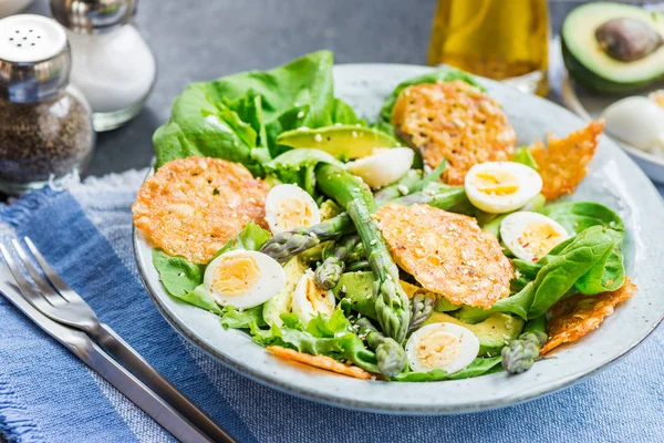 Asparagus Salad with quails eggs, avocado and cheese crisps, healthy detox lunch