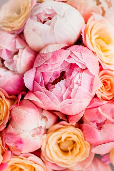 Fresh bunch of pink peonies and roses. Card Concept, pastel colors, close up image