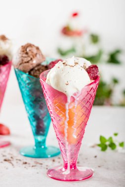 Plastik dondurma dondurma koni çikolata ve vanilyalı dondurma kaşık toz ve berrie ile