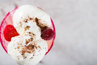 Plastik dondurma dondurma koni çikolata ve vanilyalı dondurma kaşık toz ve berrie ile