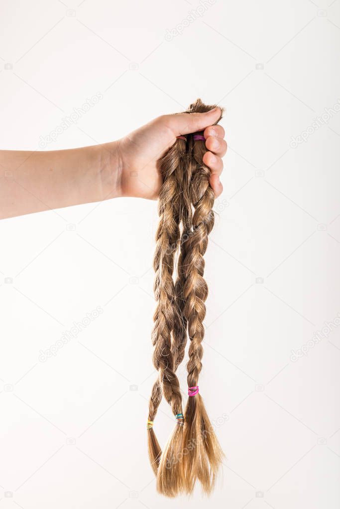 Hand is holding long hair as donation for kids charity, which makes wigs for cancer patients, light background