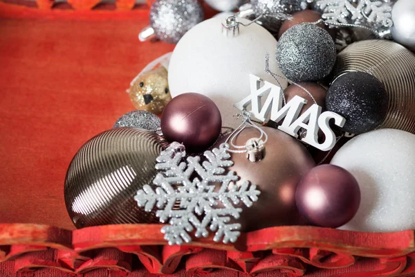 Boules Noël Dans Une Boîte Bois Rouge Comme Préparation Pour — Photo