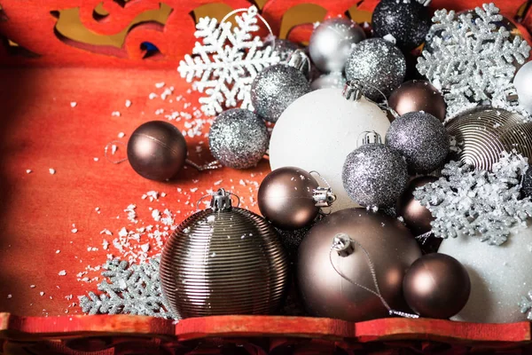 Boules Noël Dans Une Boîte Bois Rouge Comme Préparation Pour — Photo