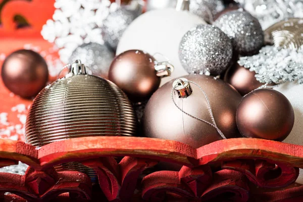 Boules Noël Dans Une Boîte Bois Rouge Comme Préparation Pour — Photo