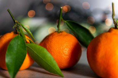 Taze Clementines veya mandalina Xmas Lights arka planda, Noel kavramı ile
