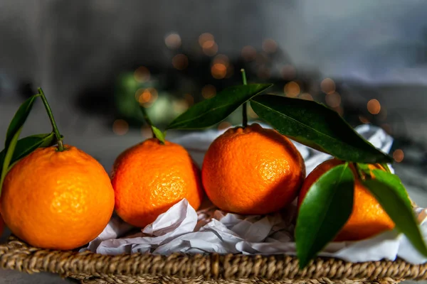 Frische Clementinen Oder Mandarinen Korb Mit Weihnachtsbeleuchtung Und Ästen — Stockfoto