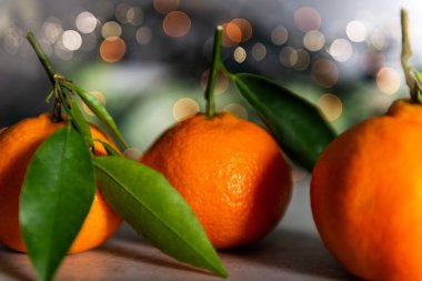 Taze Clementines veya mandalina Xmas Lights arka planda, Noel kavramı ile
