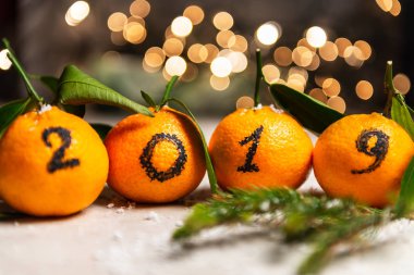 Yeni yıl 2019 geliyor kavramdır. Sepet çam sopa ve arka planda Xmas Lights ile döşeme portakal üzerinde siyah mürekkeple yazılmış sayılar
