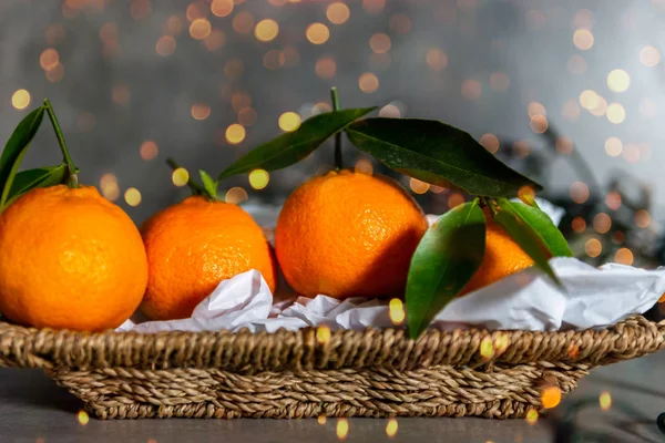 Frische Clementinen Oder Mandarinen Korb Mit Weihnachtsbeleuchtung Und Ästen — Stockfoto