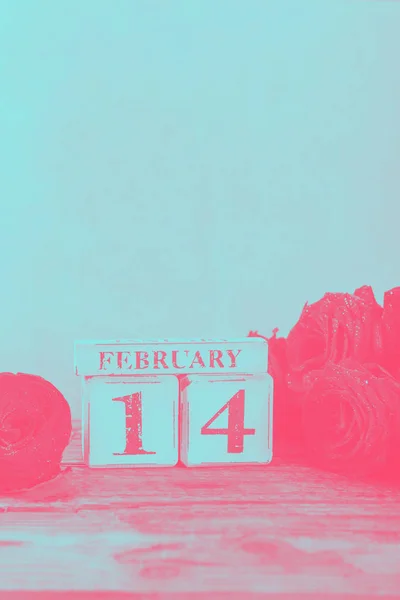 Wooden Block Calendar with Date 14 February, St Valentines Day, and beautiful red roses nearby. Duotone effect neon pink and blue