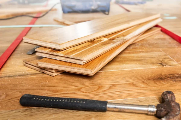 Process House Renovation Changing Floor Carpets Solid Oak Wood Different — Stock Photo, Image