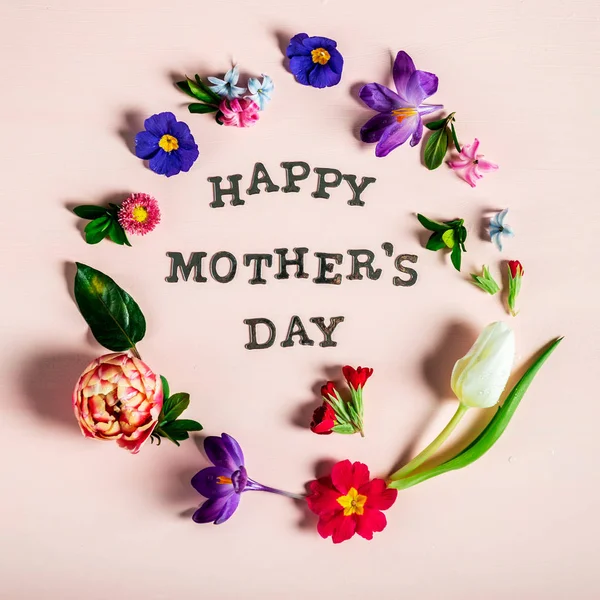 Feliz Día de las Madres cartas con diferentes flores de primavera a su alrededor —  Fotos de Stock