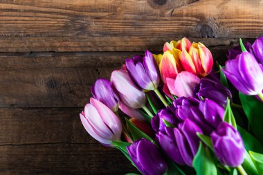 Rustik koyu arka plan üzerinde güzel mor laleler