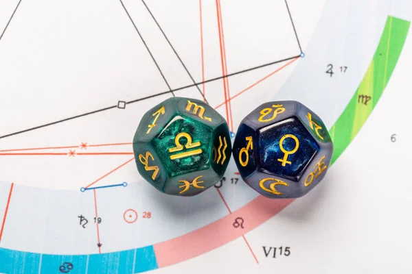 Astrology Dice with zodiac symbol of Libra Sep 23 - Oct 22 and its ruling planet Venus — Stock Photo, Image