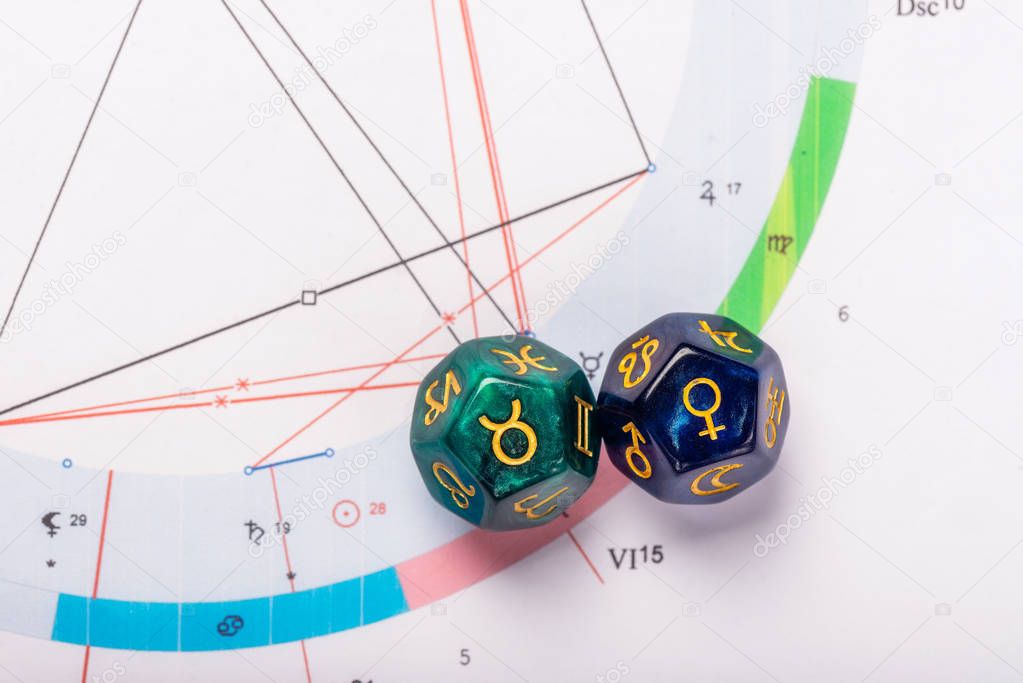 Astrology Dice with zodiac symbol of Taurus Apr 20 - May 20 and its ruling planet Venus