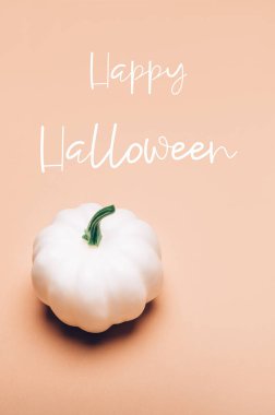 Mutlu Cadılar Bayramı mesajları. Hafif arka planda beyaz balkabağı minimum sonbahar konsepti, düz konum, üst görünüm