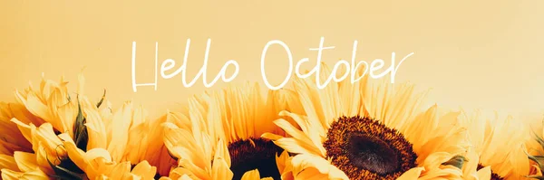 Hallo Oktober tekst met Zonnebloem — Stockfoto