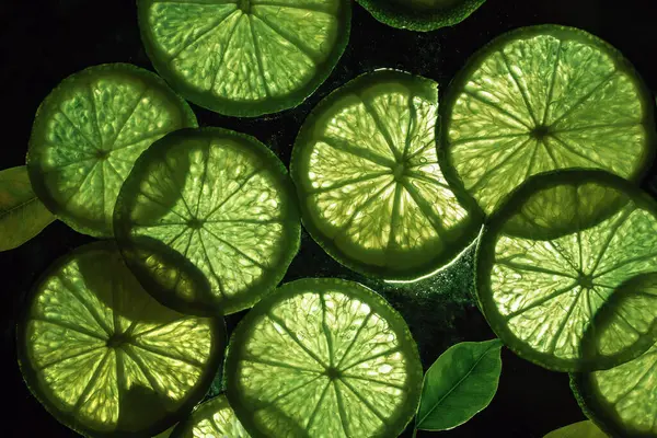 Koyu arka planda parlak yeşil limon dilimlerinin yakın plan makro fotoğrafı. Üst görünüm.