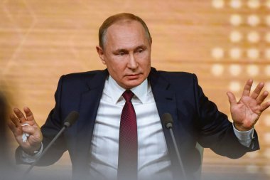 MOSCOW, RUSSIA: The President of the Russian Federation Vladimir Vladimirovich Putin an annual press conference, 2019 clipart
