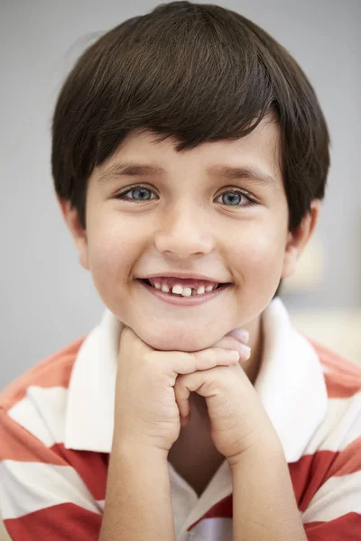 Smiling Boy Stripes Looking Camera Portrait — Stok Foto