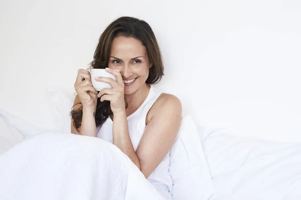 Smiling Woman Morning Coffee Bed Stock Photo