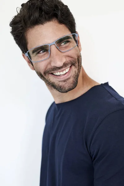 Homme Shirt Bleu Lunettes Souriant — Photo