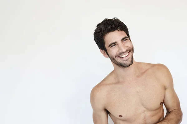 Hunky Topless Guy Smiling Studio — Stock Photo, Image