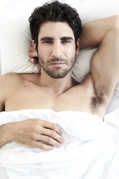 Relaxed Man Bed Looking Camera — Stock Photo, Image