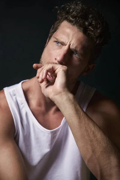 Thinking Man White Vest Looking Away — Stock Photo, Image