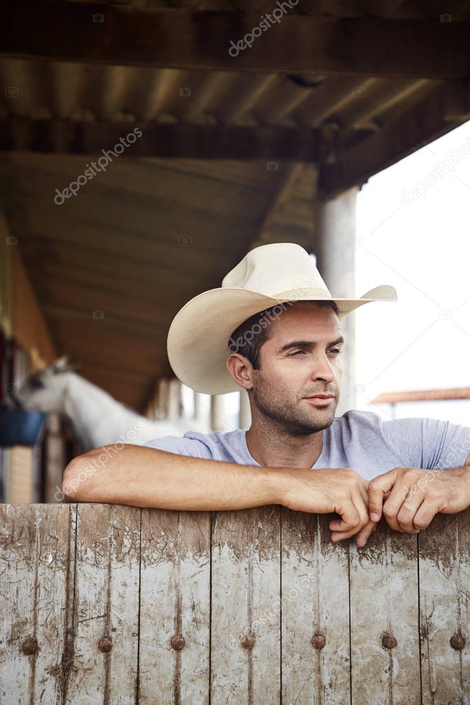 Good looking cowboy looking away in stables