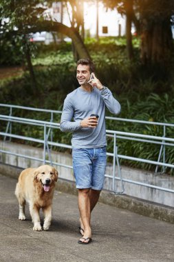 O köpek parkta yürüyor gibi telefonla adam