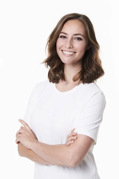 Leende Skönhet Vit Shirt Porträtt — Stockfoto