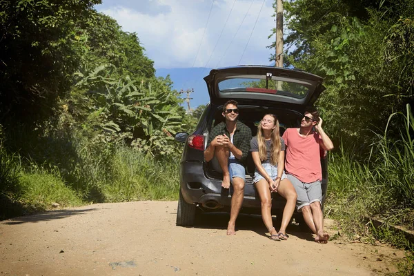 Friends taking a break from their road trip, smiling